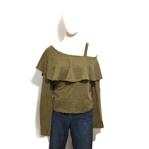 Anthropologie Postmark Off the Shoulder Ruffle Long Sleeve Green Top Boho Chic S - Picture 13 of 16